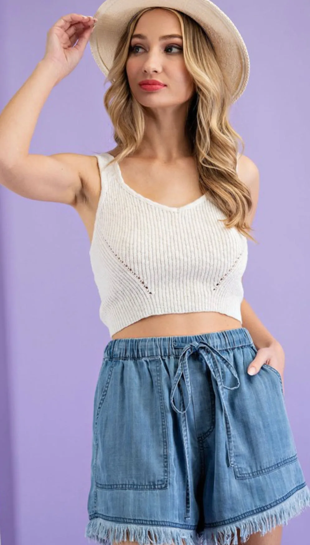 Loose Denim Shorts Tie Waist