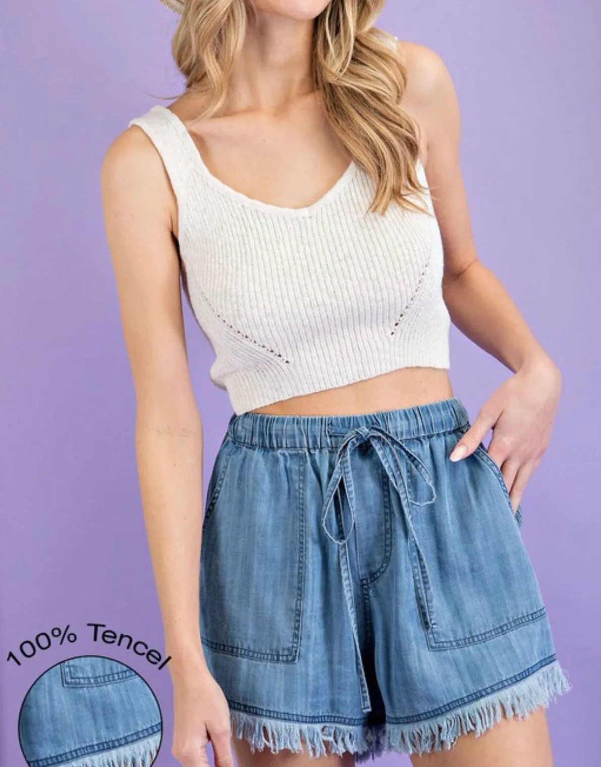 Loose Denim Shorts Tie Waist