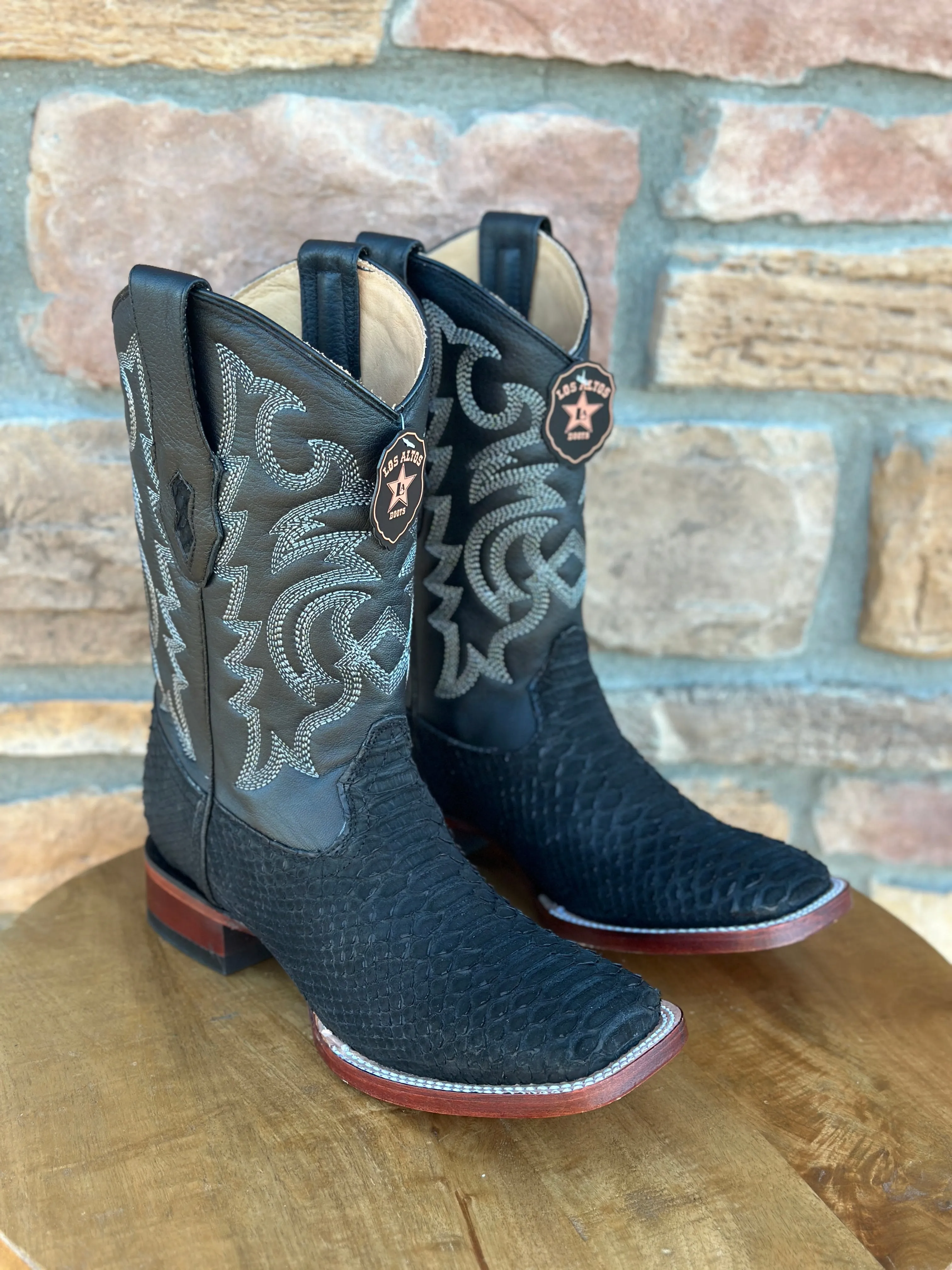 Los Altos Python Suede Black Wide Square Toe Boots