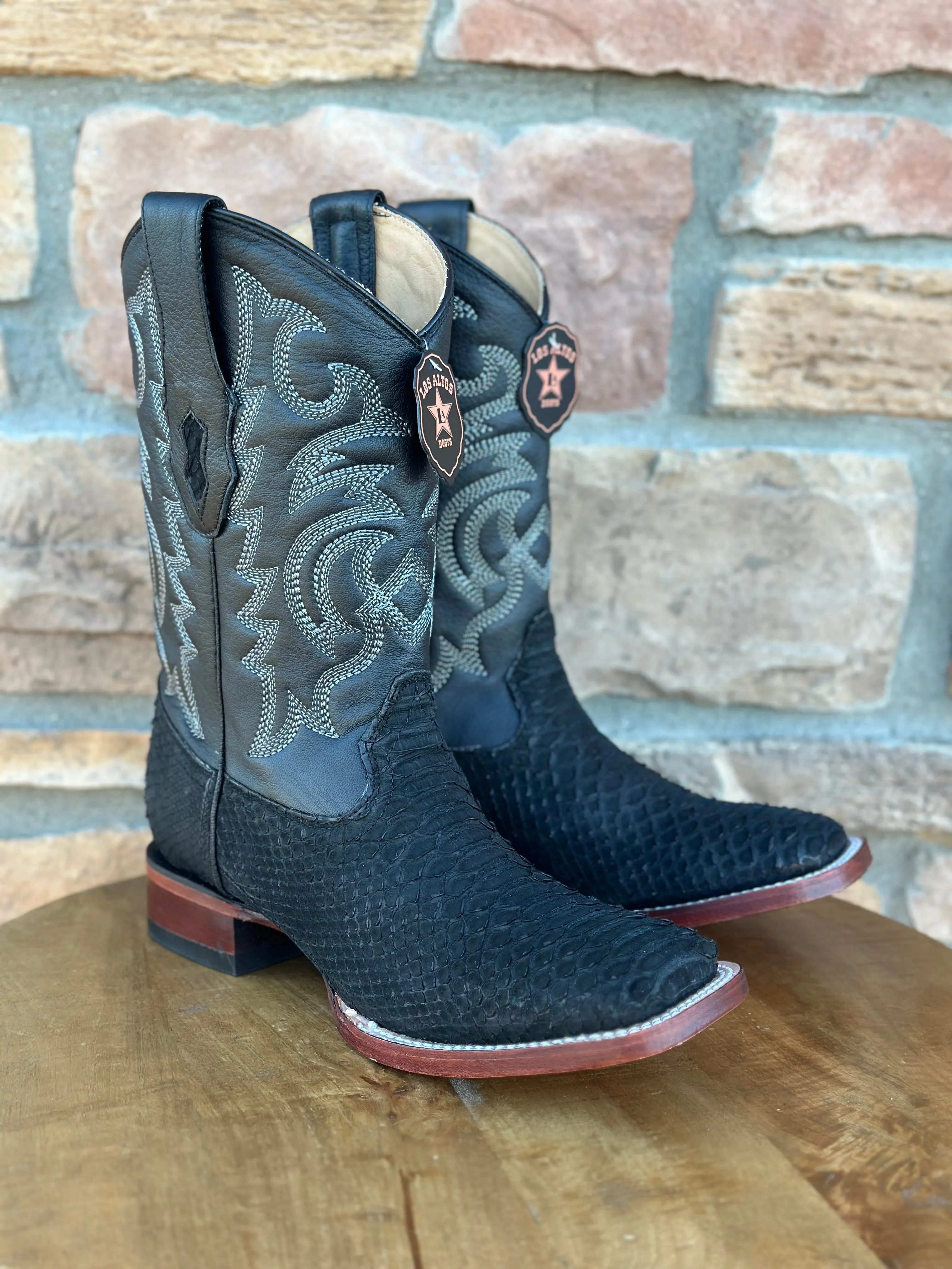 Los Altos Python Suede Black Wide Square Toe Boots