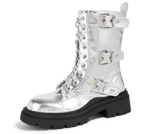 LUCKY STEP Womens Combat Boots-Platform Chunky Mid Calf Boots Ankle Booties Motorcycle Side Zipper Buckles Goth Booties (Silver8.5 B(M) US)