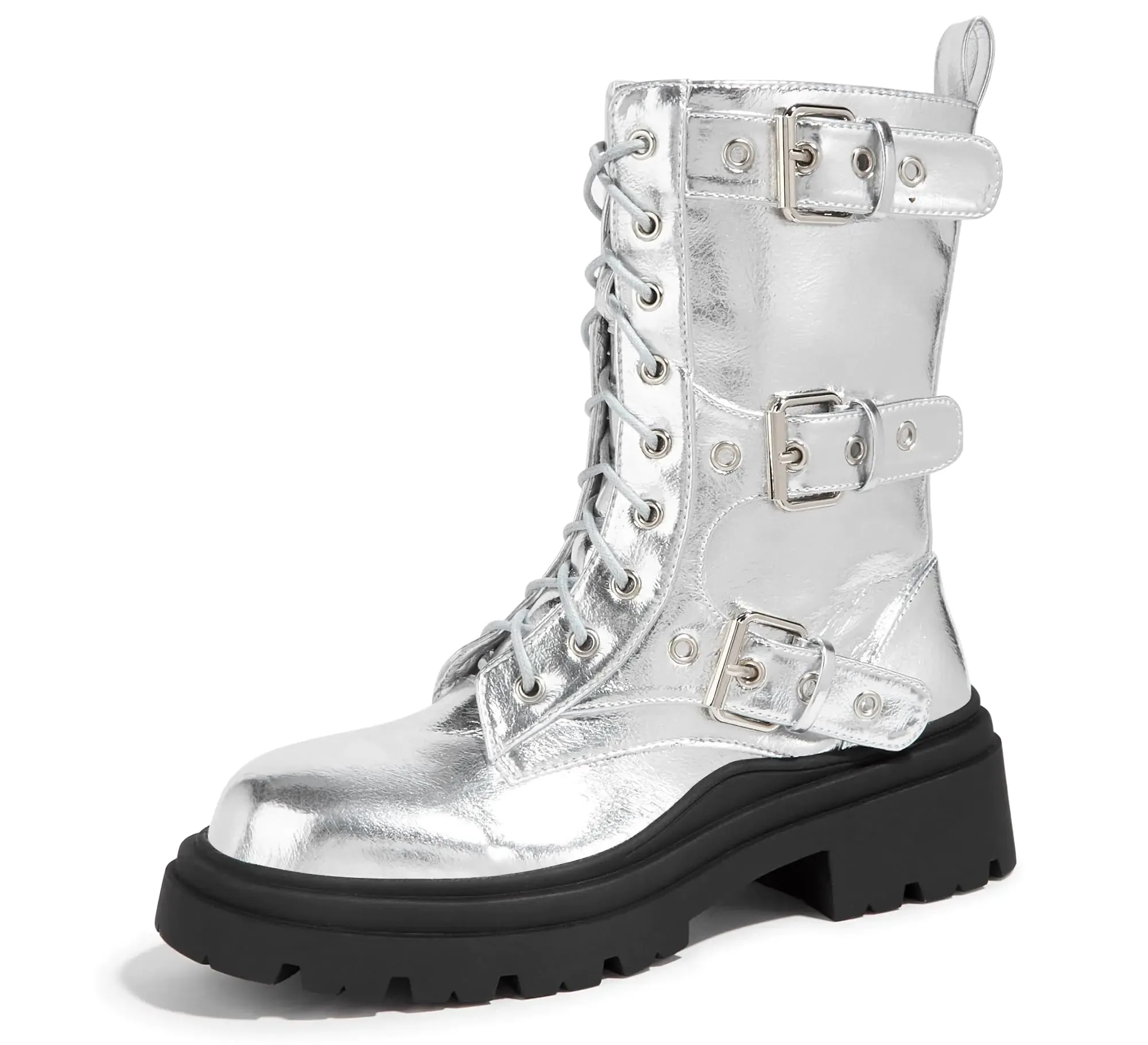 LUCKY STEP Womens Combat Boots-Platform Chunky Mid Calf Boots Ankle Booties Motorcycle Side Zipper Buckles Goth Booties (Silver8.5 B(M) US)