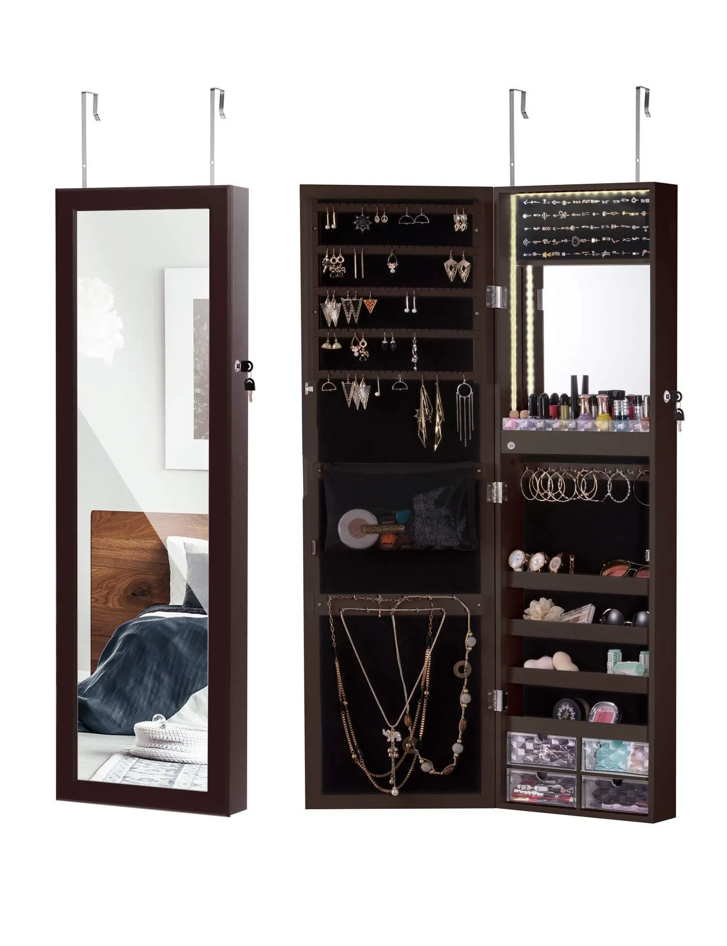 LUXFURNI LED Light Jewelry Cabinet Wall-Mount/Door-Hanging Mirror Makeup Lockable Armoire, Large Storage Organizer w/Drawers