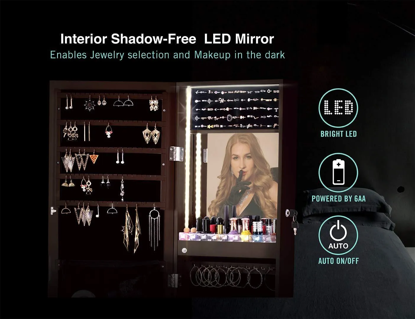 LUXFURNI LED Light Jewelry Cabinet Wall-Mount/Door-Hanging Mirror Makeup Lockable Armoire, Large Storage Organizer w/Drawers
