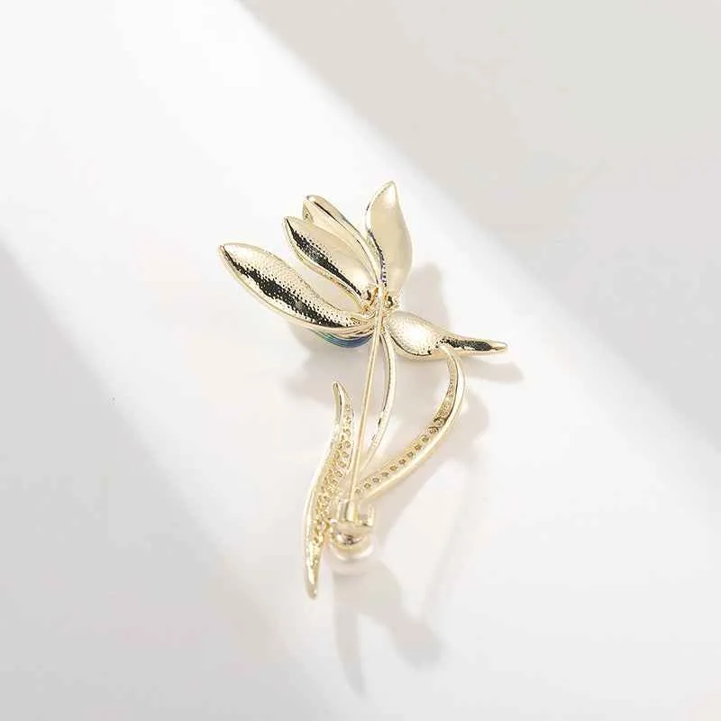 Magnolia Enamel Natural Stone Freshwater Pearl Brooch Pin
