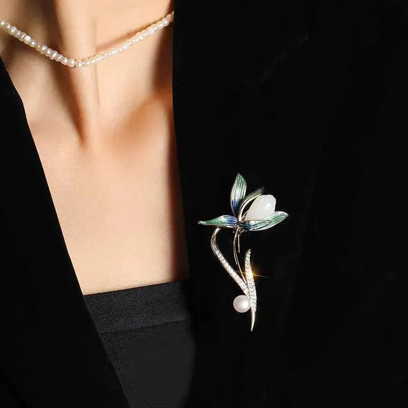 Magnolia Enamel Natural Stone Freshwater Pearl Brooch Pin