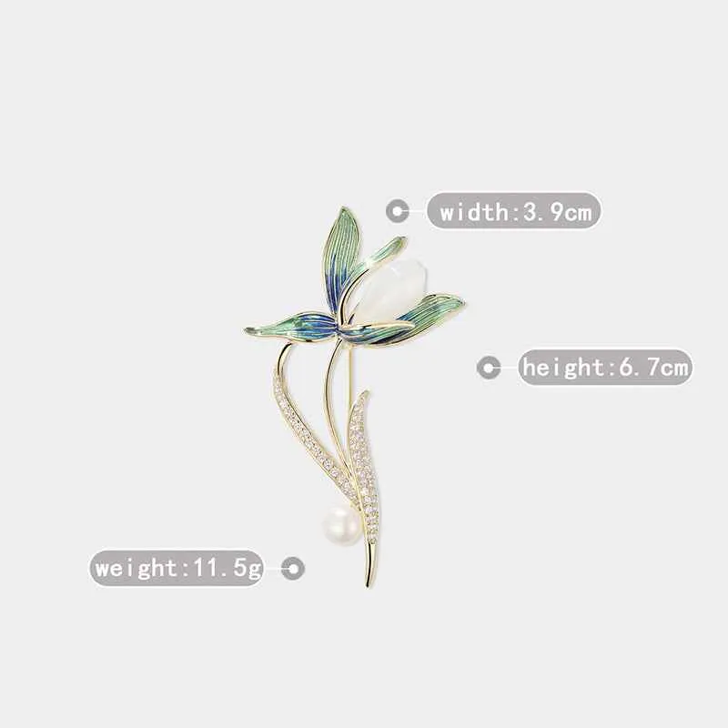 Magnolia Enamel Natural Stone Freshwater Pearl Brooch Pin