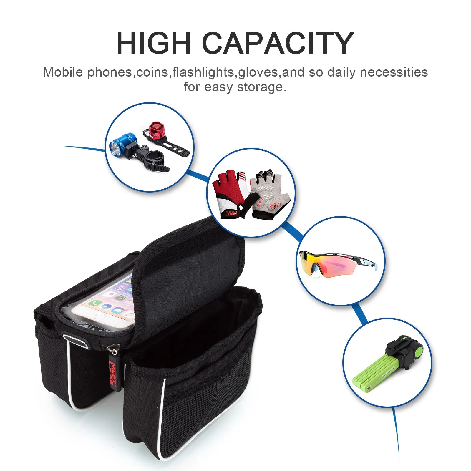 MEETLOCKS Bike bags Cycling Panniers Front Tube Bag Phone Screen 5.7",BAG0006