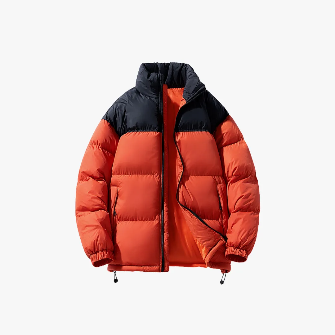 Men's Puffer Jacket - Bold Colorblock Design, Quilted Insulation