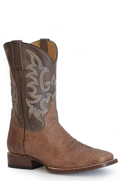 Men's Stetson Cognac Bison Broad Square Toe Boots with Burnished Taupe Tops from Roper Footwear