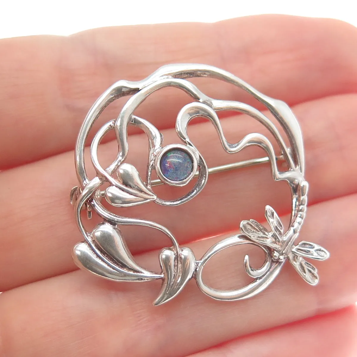 MG Michal Golan 925 Sterling Silver Vintage Real Opal Dragonfly & Floral Brooch