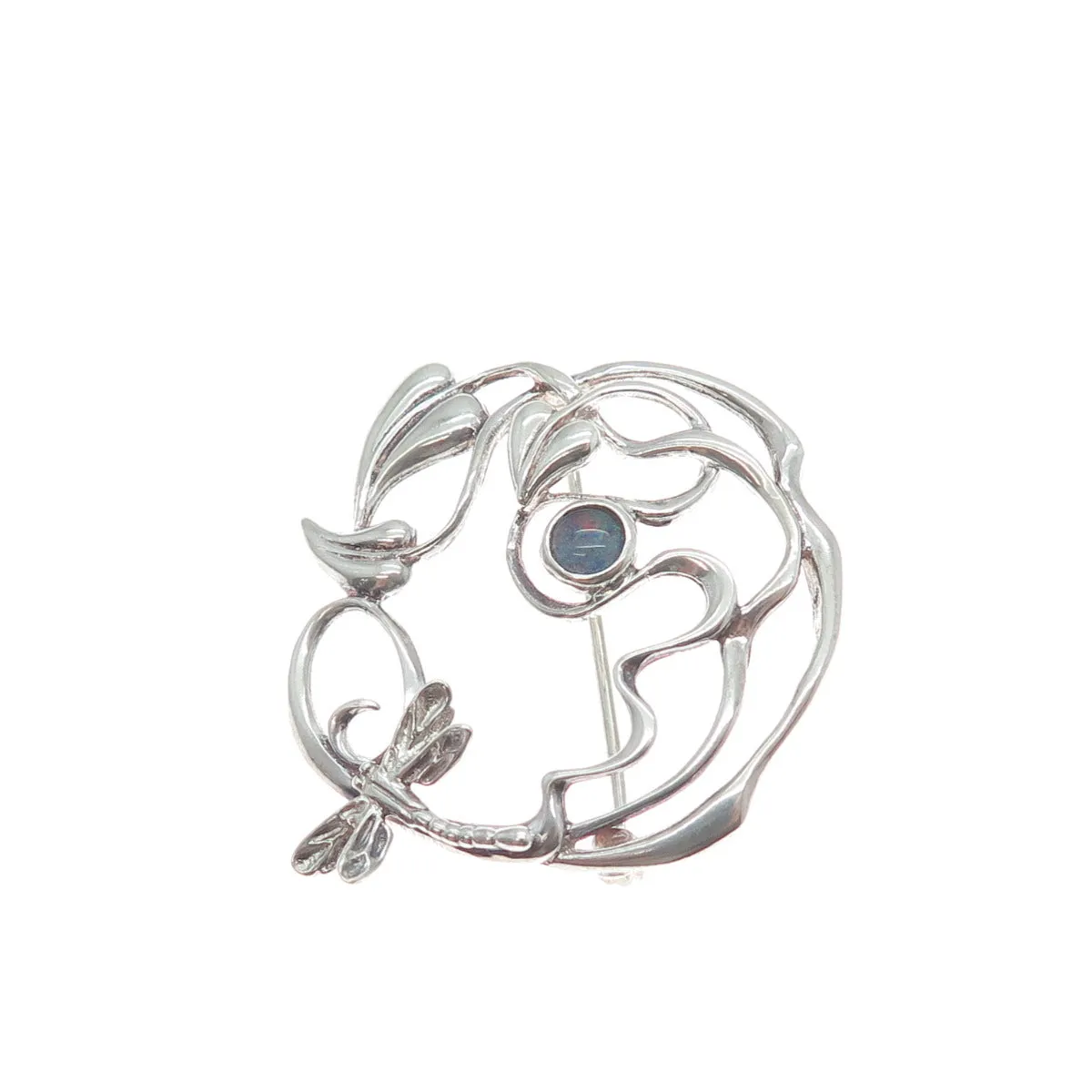 MG Michal Golan 925 Sterling Silver Vintage Real Opal Dragonfly & Floral Brooch