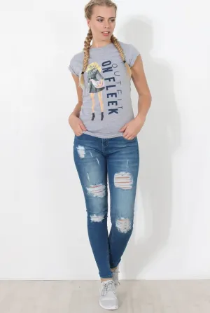 Mid Blue Distressed Skinny Jeans - Hallo