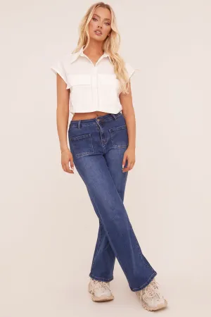 Mid Blue Stretch Front Pockets Straight Leg Jeans - Analynn