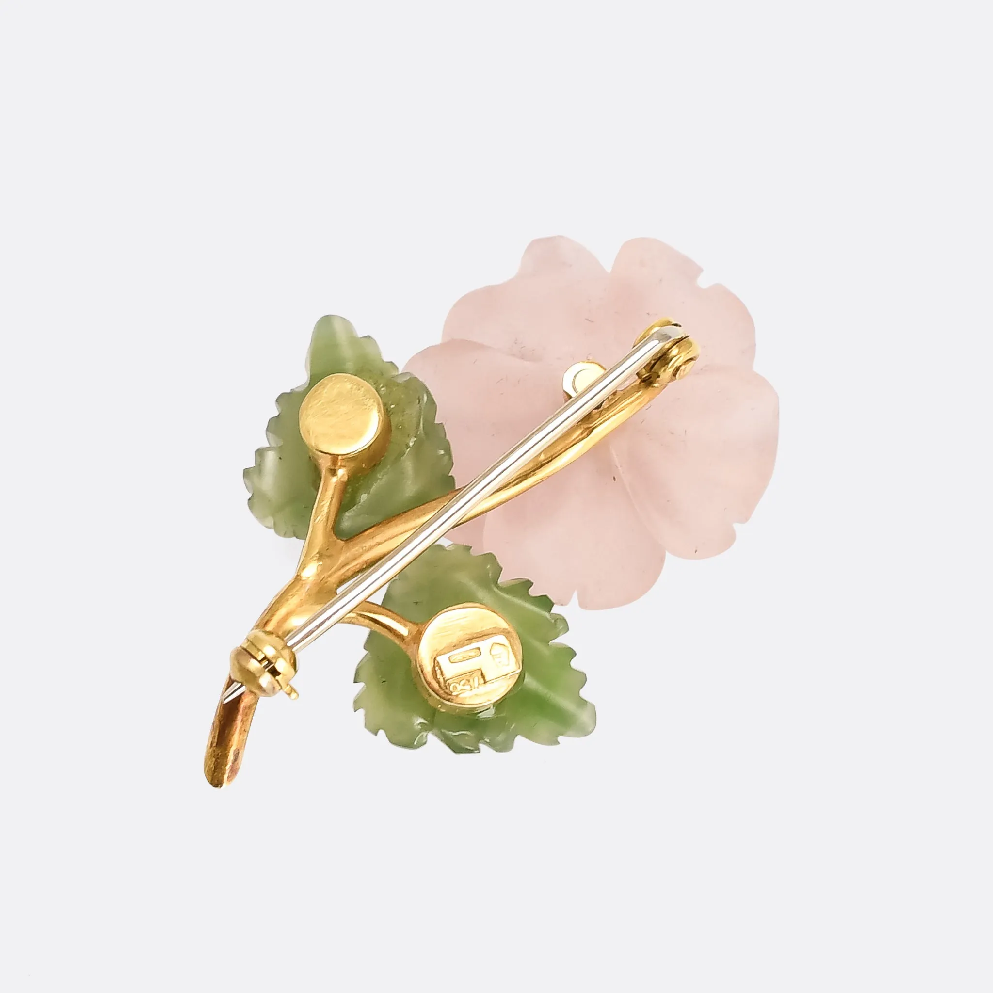 Mid-Century Rose Quartz & Jade "Dog Rose" Brooch