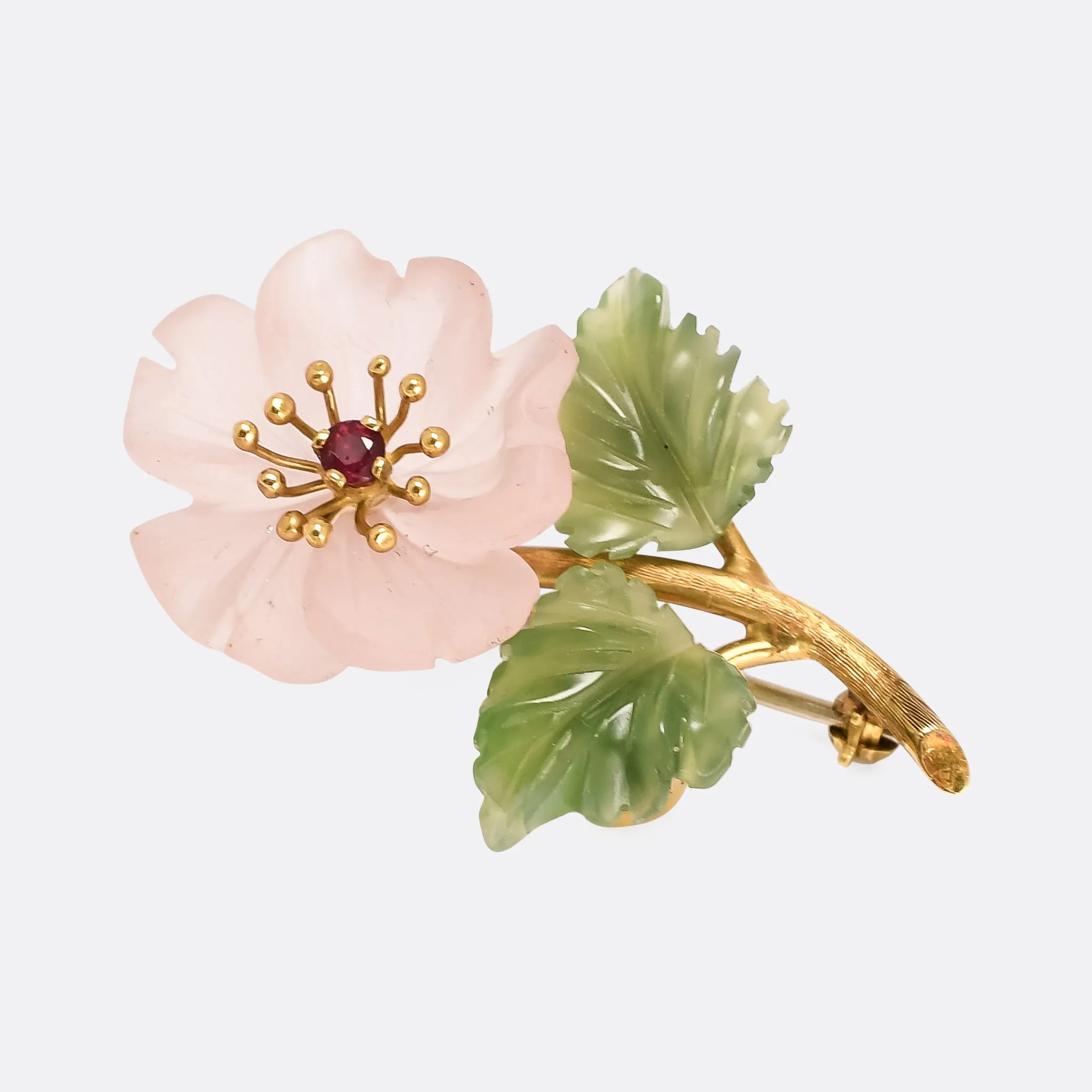 Mid-Century Rose Quartz & Jade "Dog Rose" Brooch