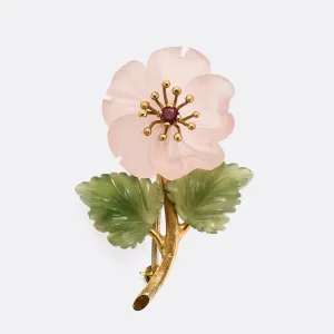 Mid-Century Rose Quartz & Jade "Dog Rose" Brooch