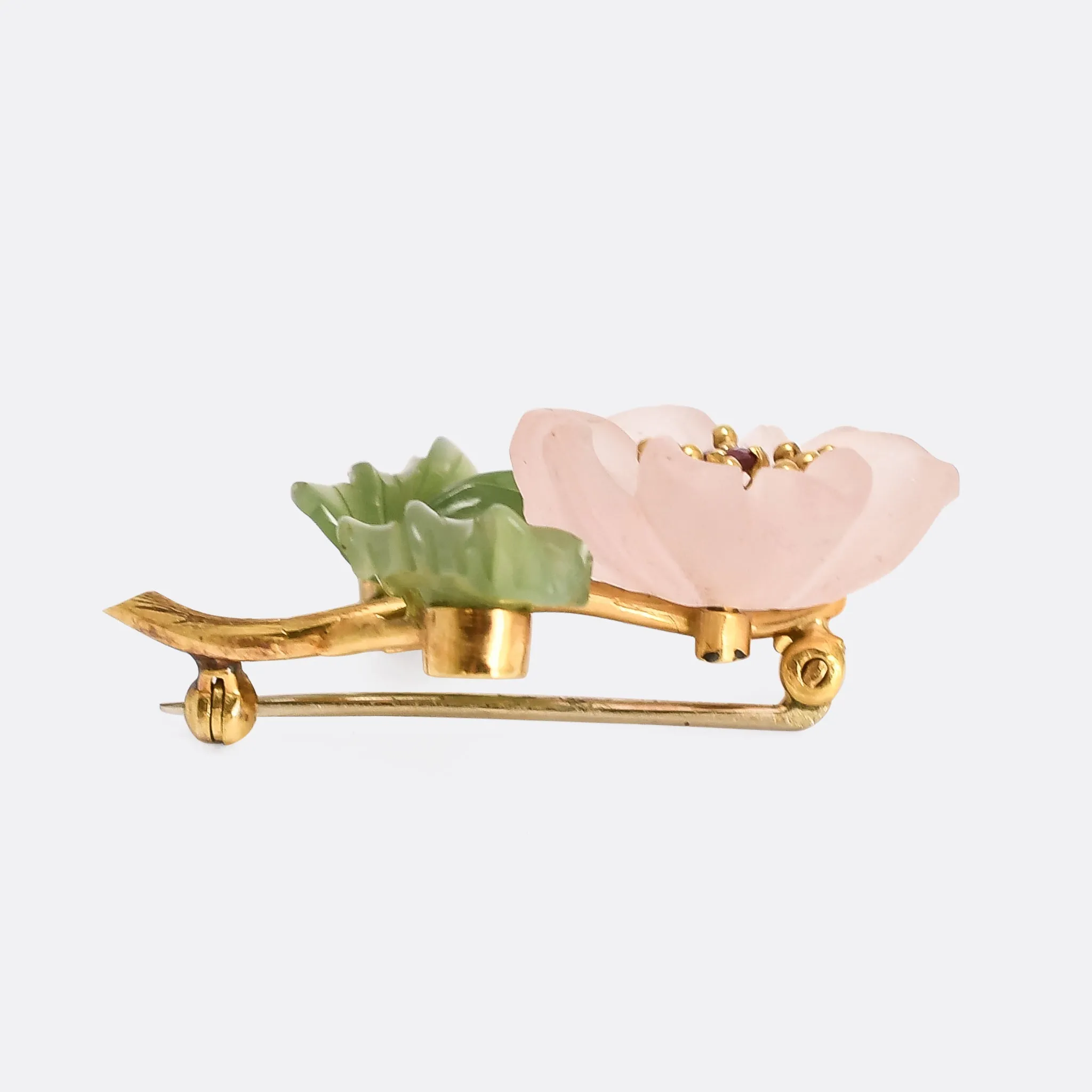 Mid-Century Rose Quartz & Jade "Dog Rose" Brooch