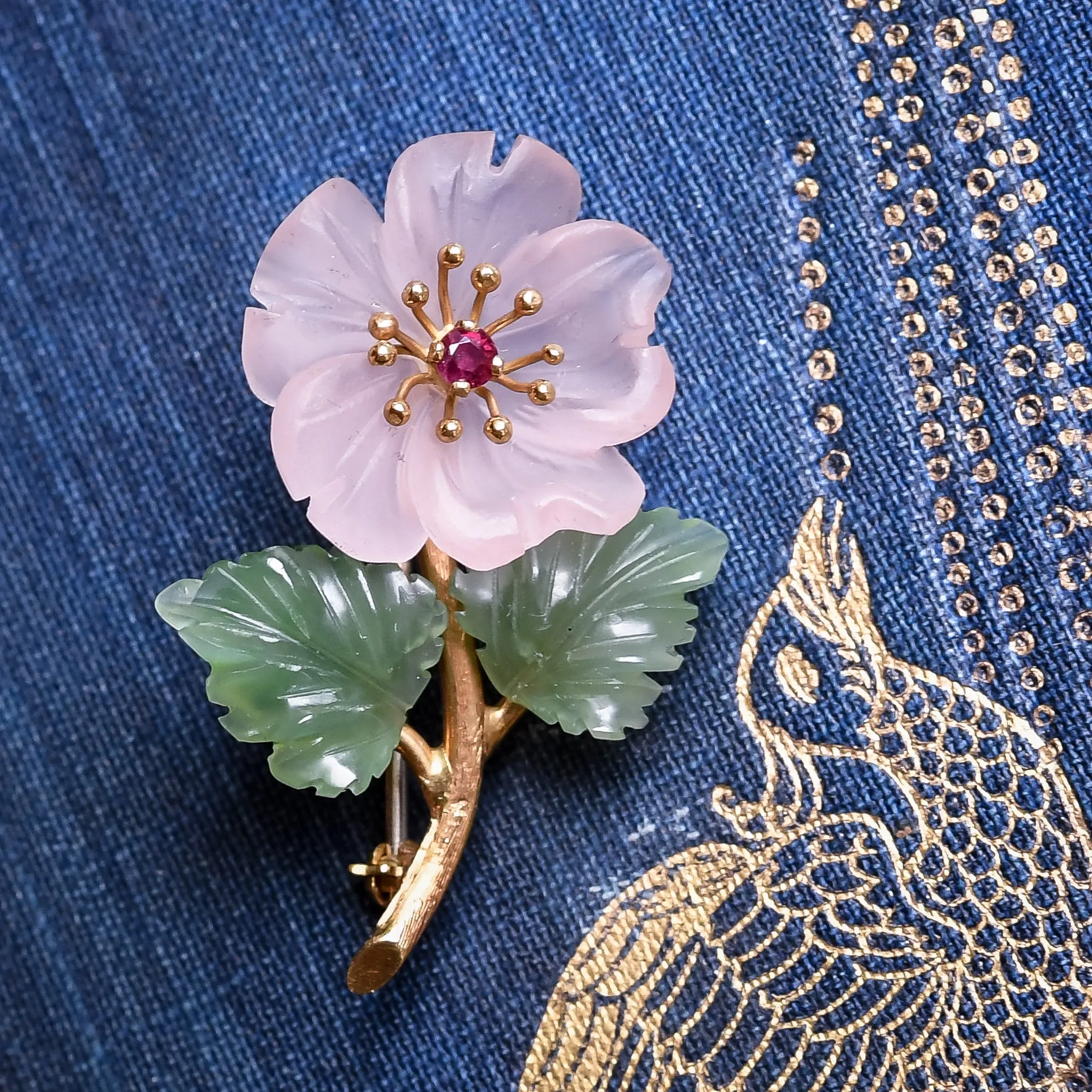 Mid-Century Rose Quartz & Jade "Dog Rose" Brooch