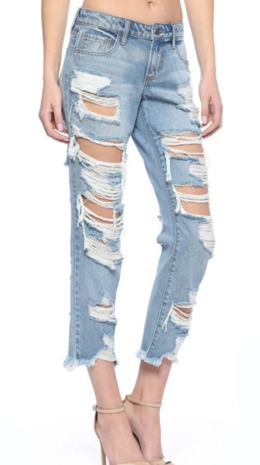 Mid Rise Destroyed Boyfriend Jeans