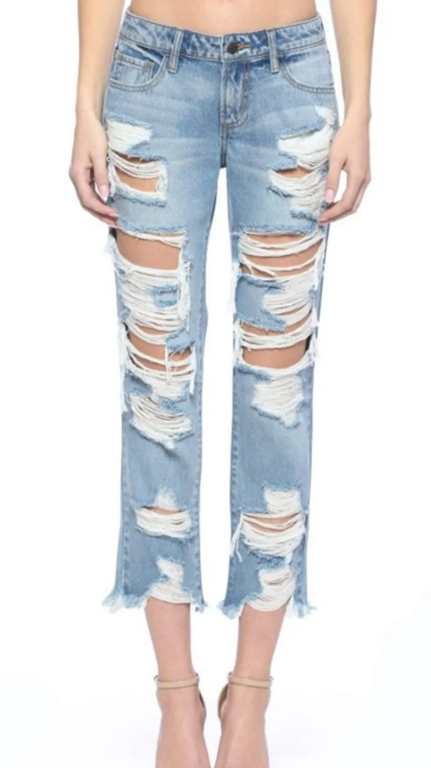 Mid Rise Destroyed Boyfriend Jeans