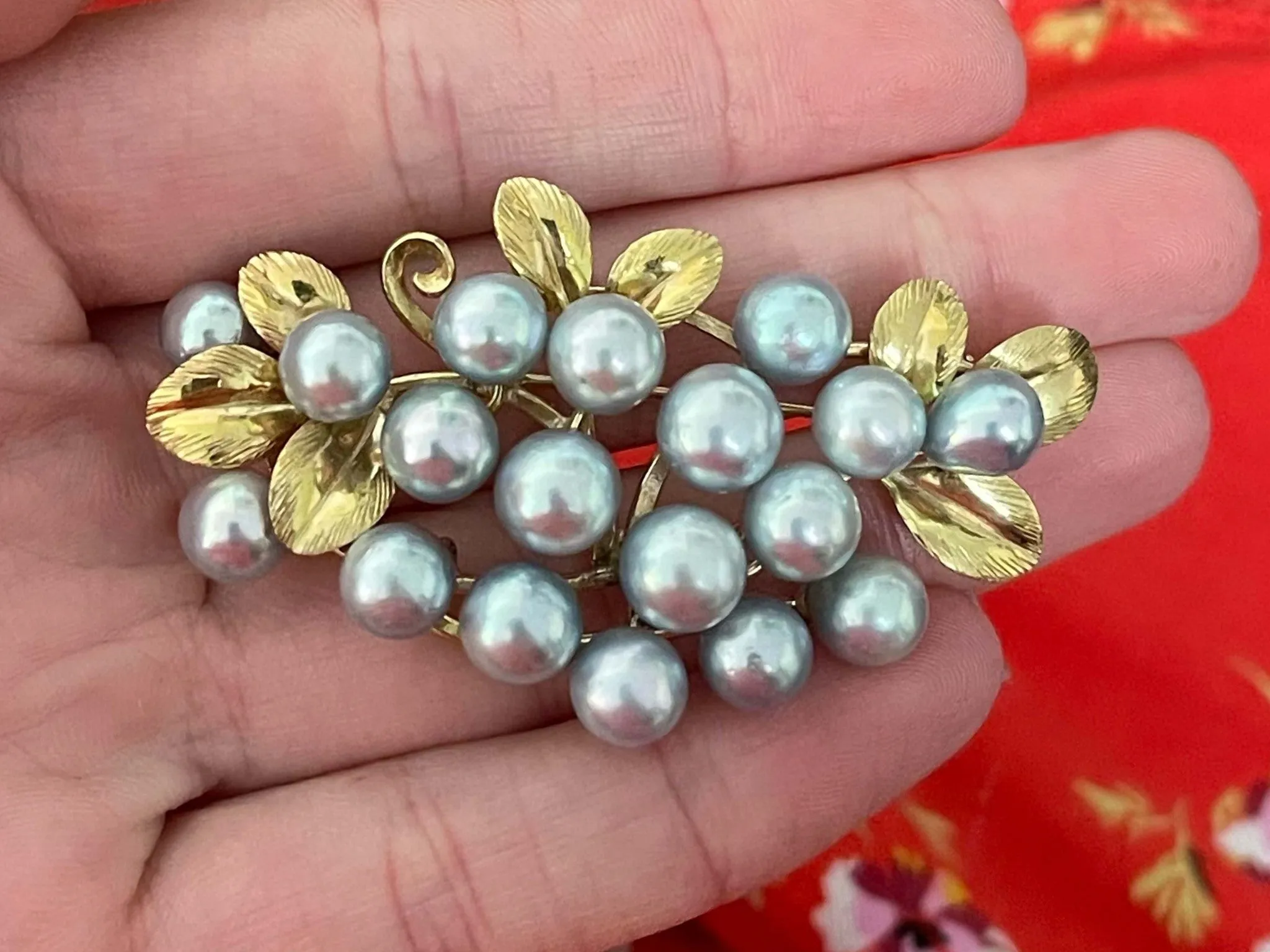 Mings Baroque Pearl and Leaf Brooch in 14k Yellow Gold