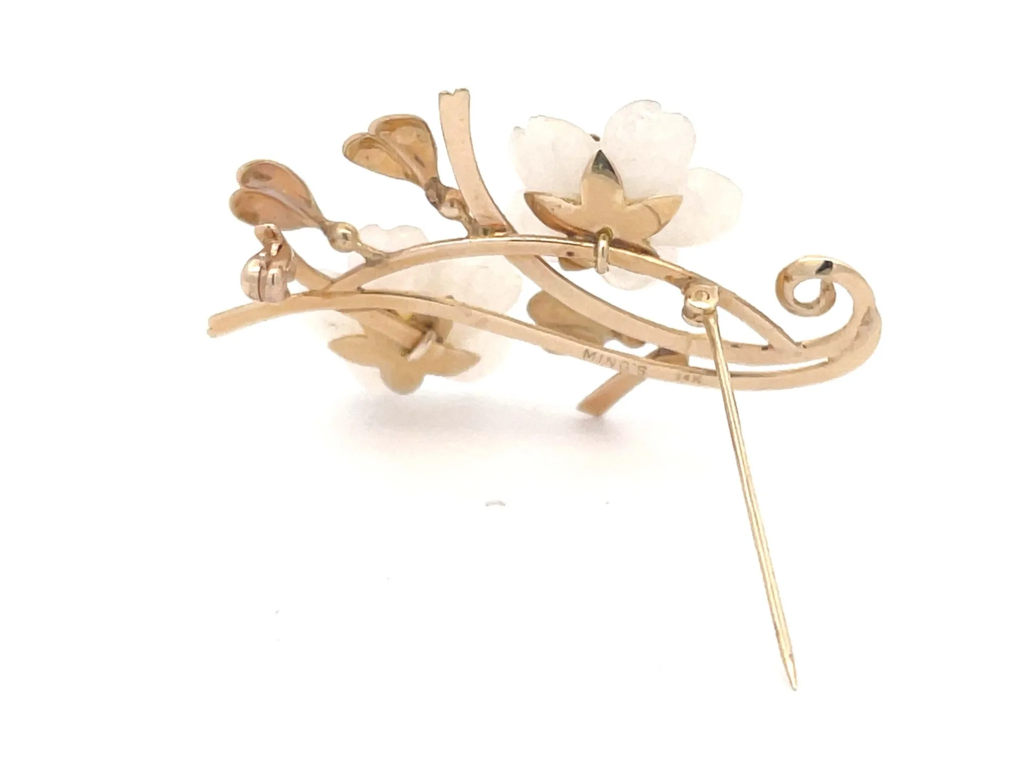 Mings Carved White Jade Flower Brooch in 14k Yellow Gold