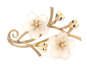 Mings Carved White Jade Flower Brooch in 14k Yellow Gold