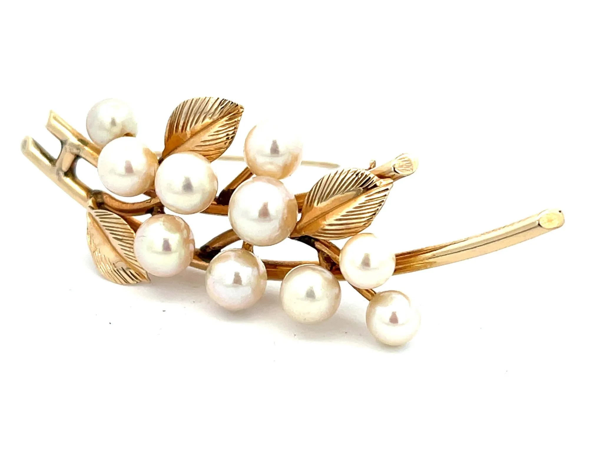 Mings Pearls and Leaves on a Branch Brooch in 14k Yellow Gold