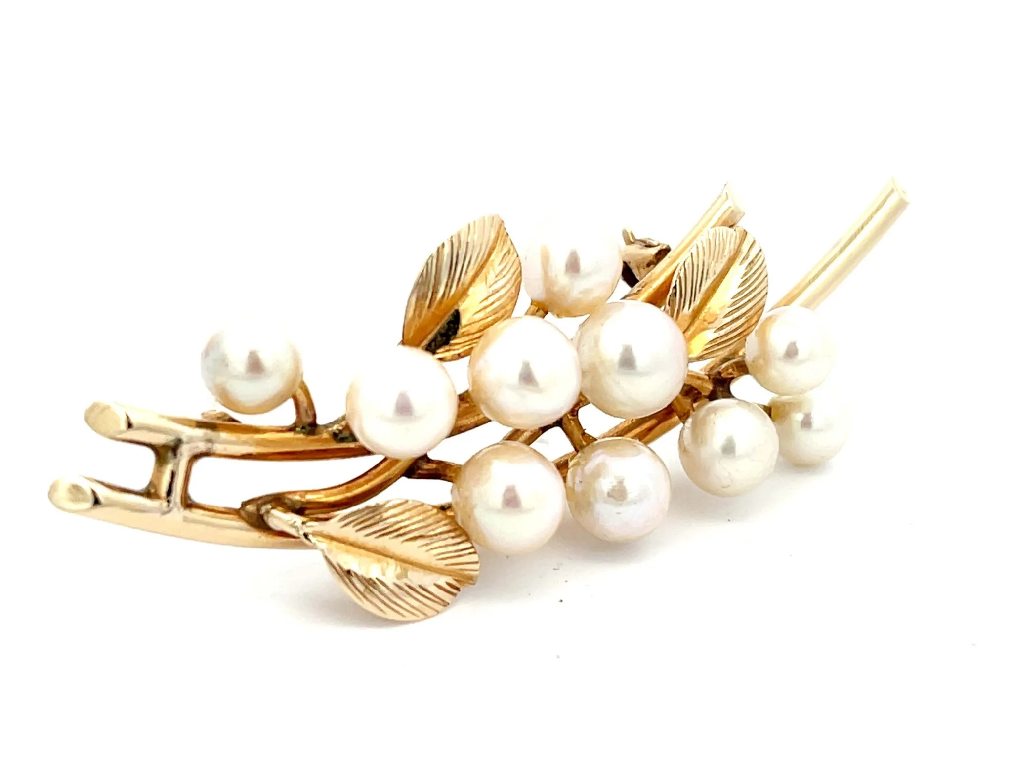 Mings Pearls and Leaves on a Branch Brooch in 14k Yellow Gold