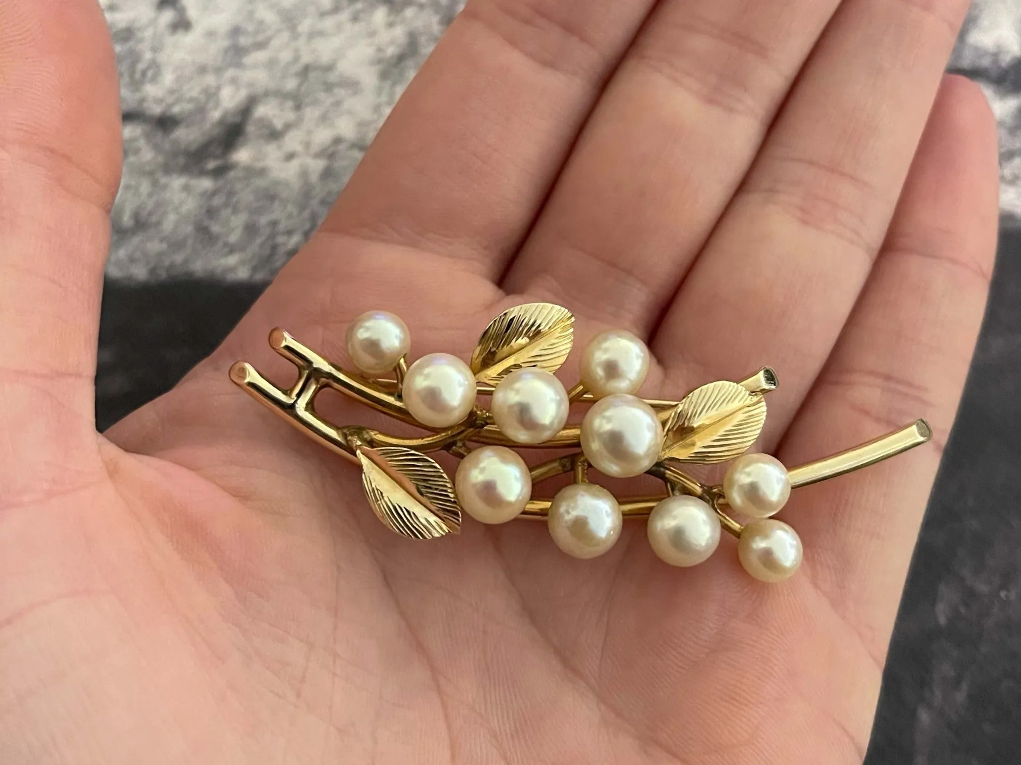 Mings Pearls and Leaves on a Branch Brooch in 14k Yellow Gold
