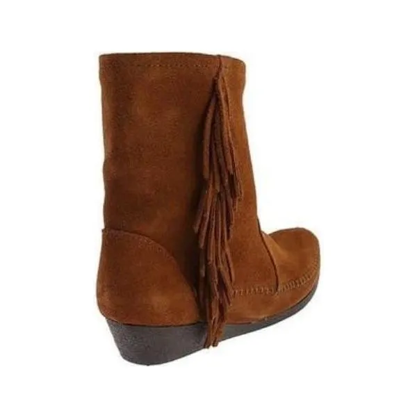 Minnetonka Side Fringe Wedge Ankle Boot (Women's) Brown