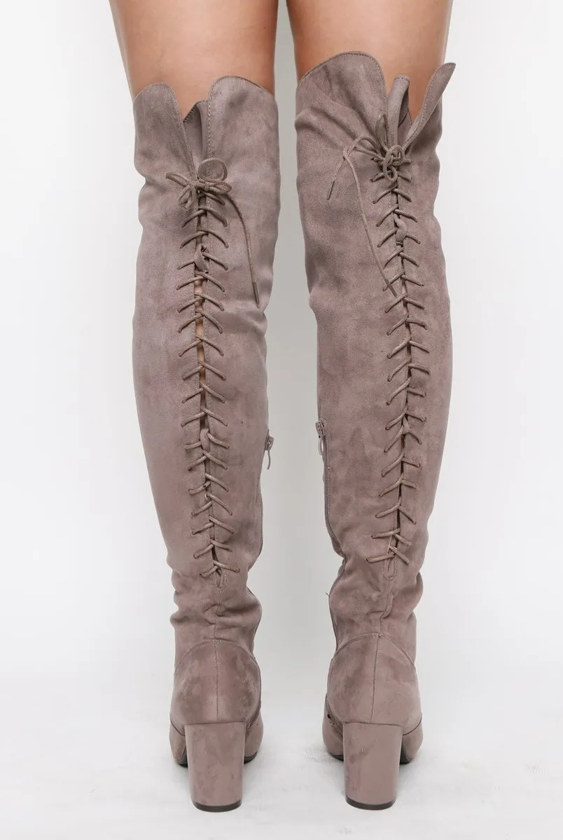 Mocha Faux Suede Back Lace Up Thigh High Boots - Brooklyn