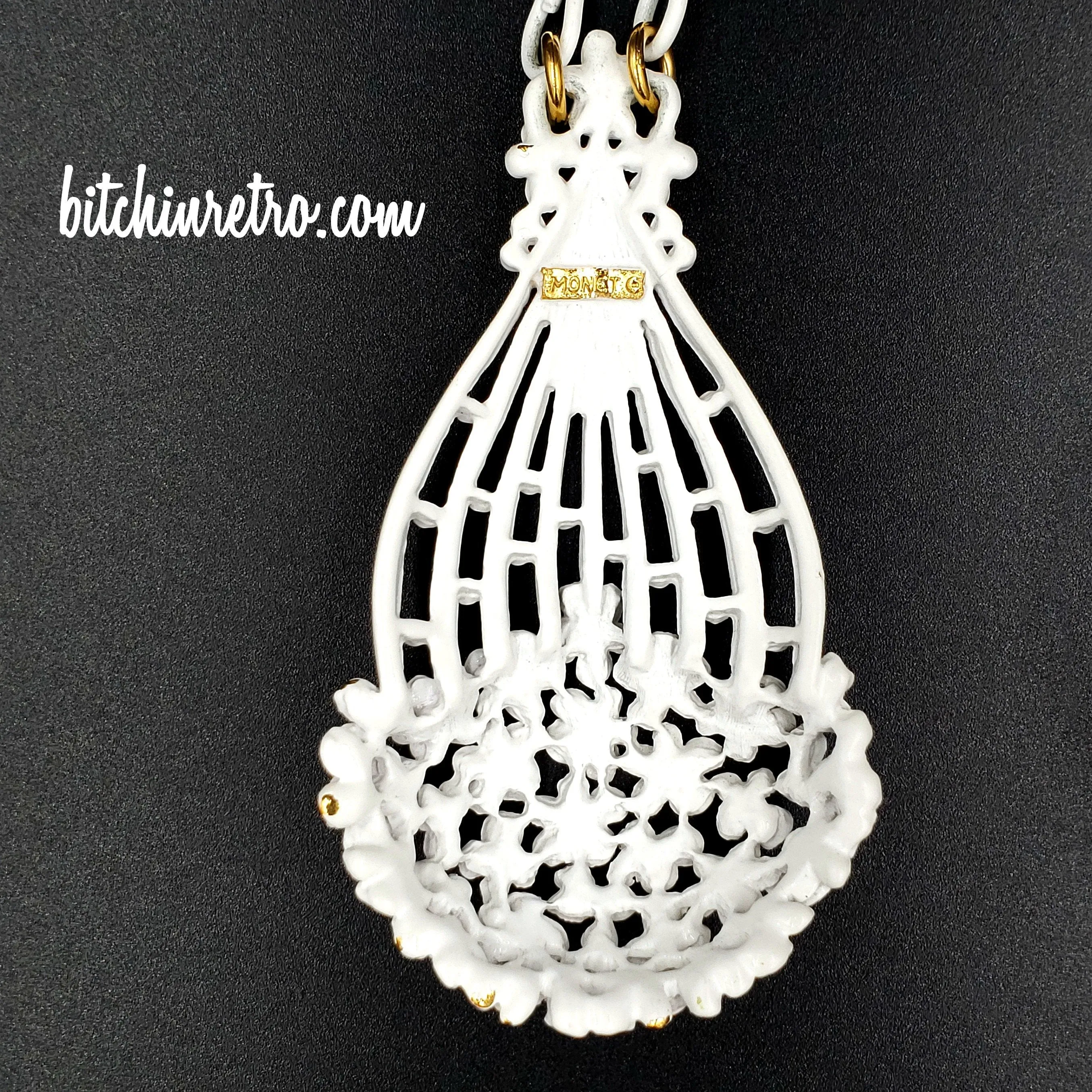 Monet White Filigree Vintage Necklace and Brooch Set