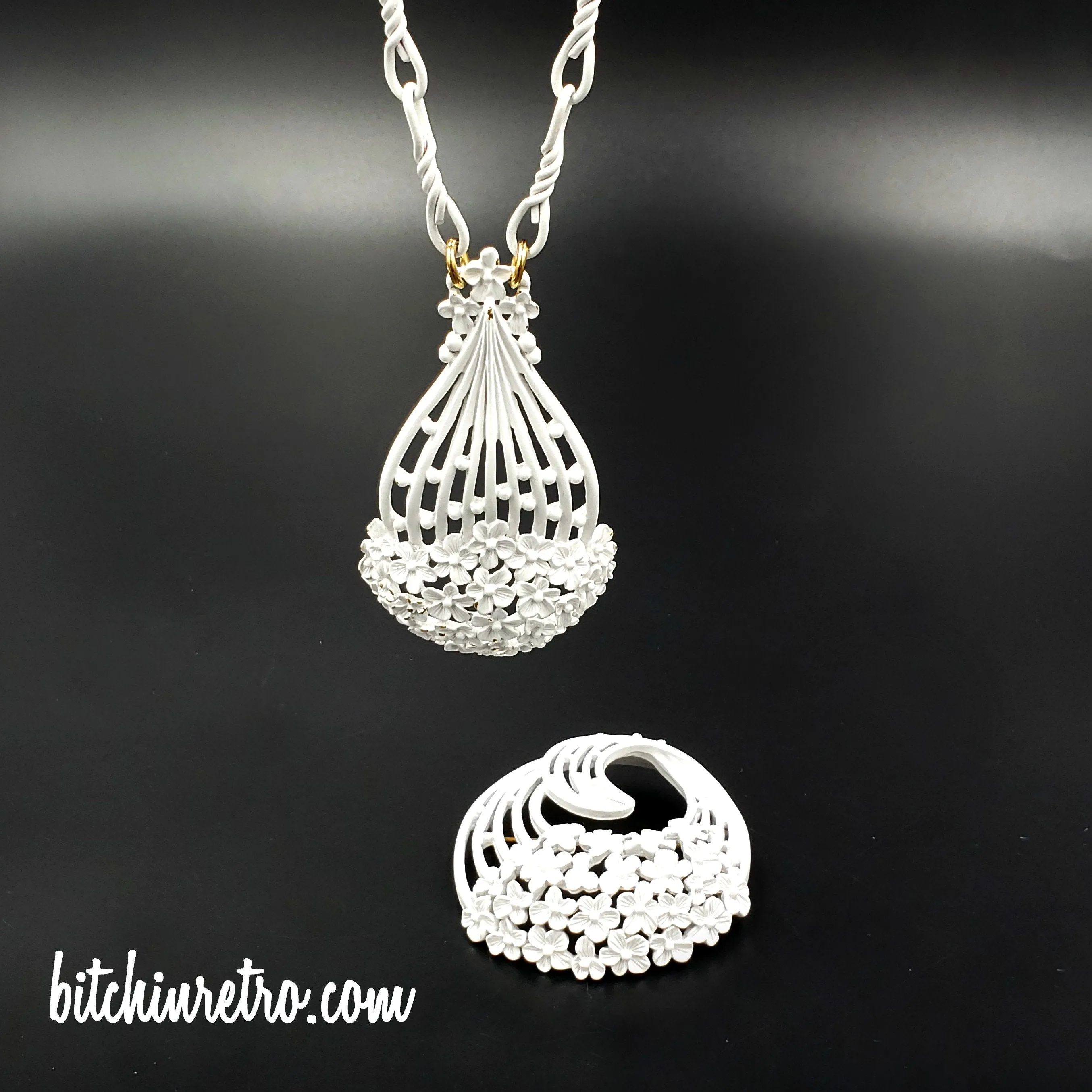 Monet White Filigree Vintage Necklace and Brooch Set