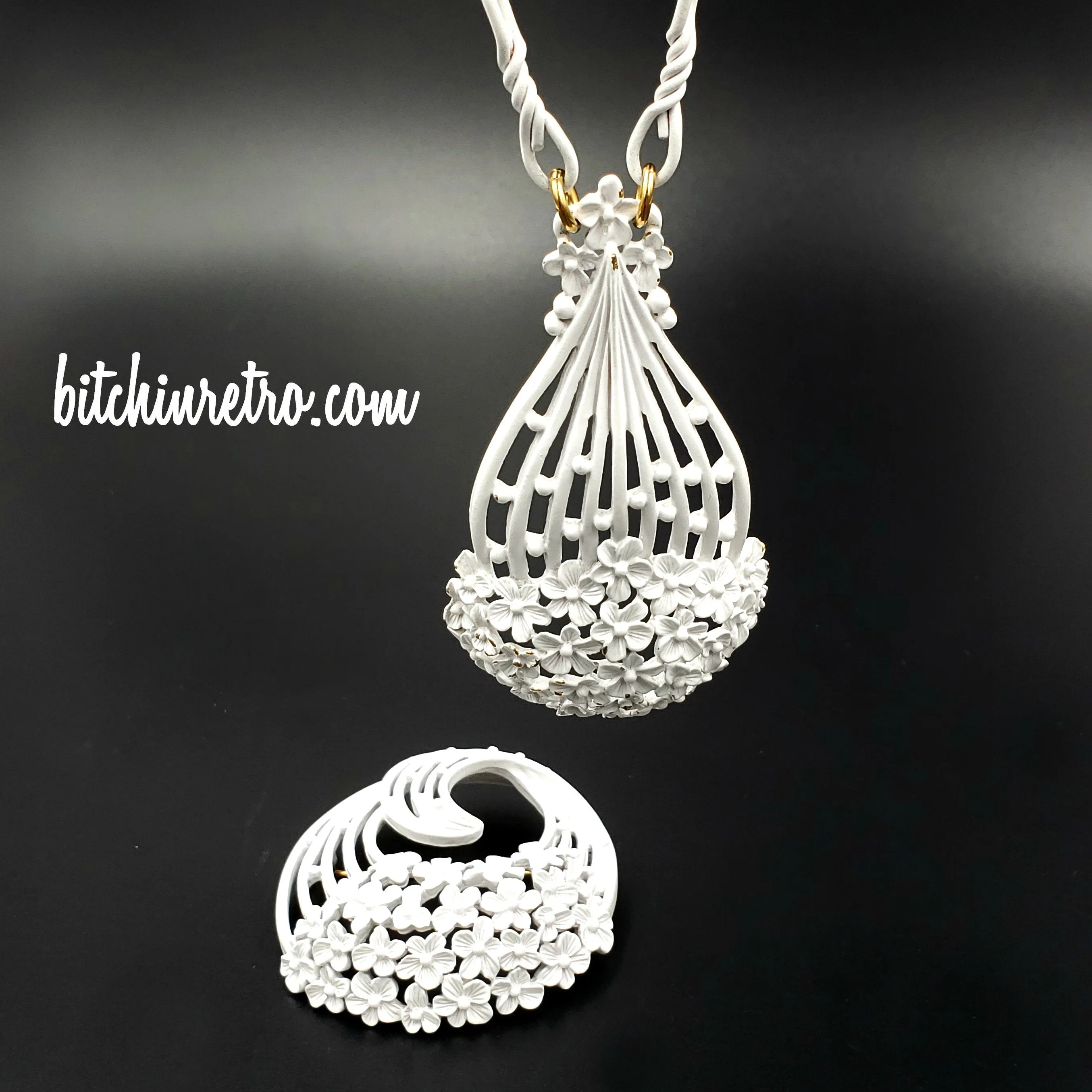 Monet White Filigree Vintage Necklace and Brooch Set