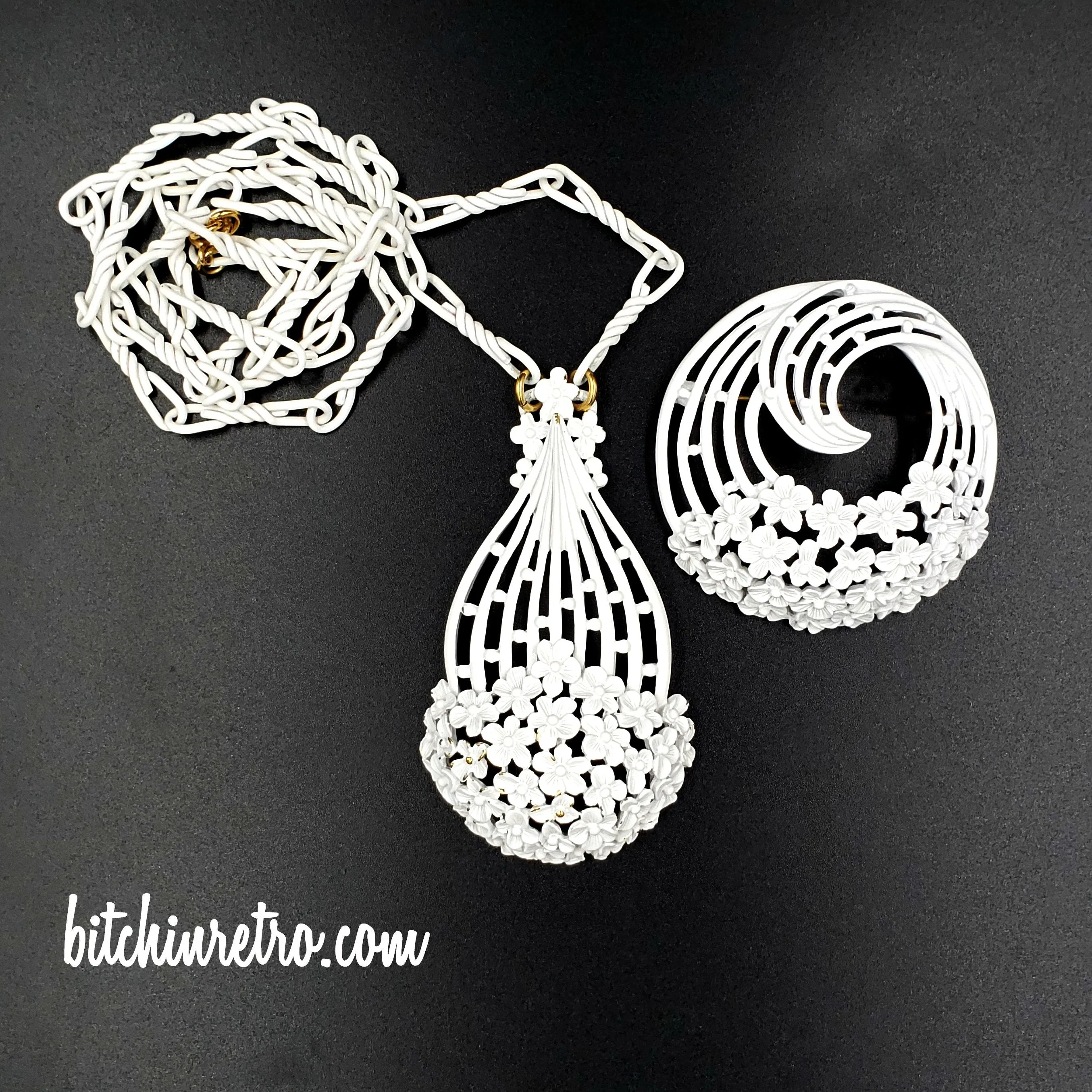 Monet White Filigree Vintage Necklace and Brooch Set