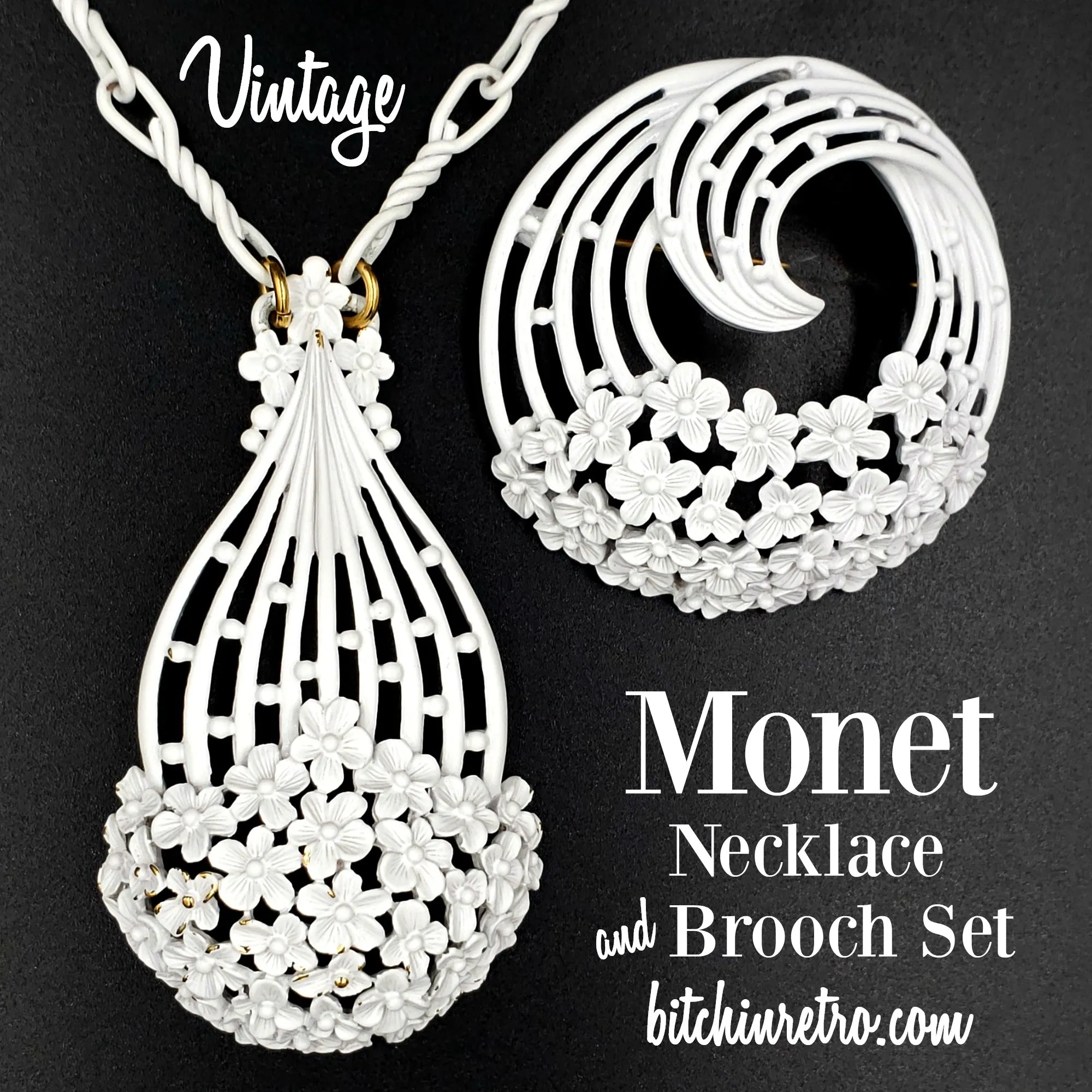 Monet White Filigree Vintage Necklace and Brooch Set