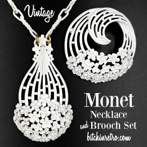 Monet White Filigree Vintage Necklace and Brooch Set