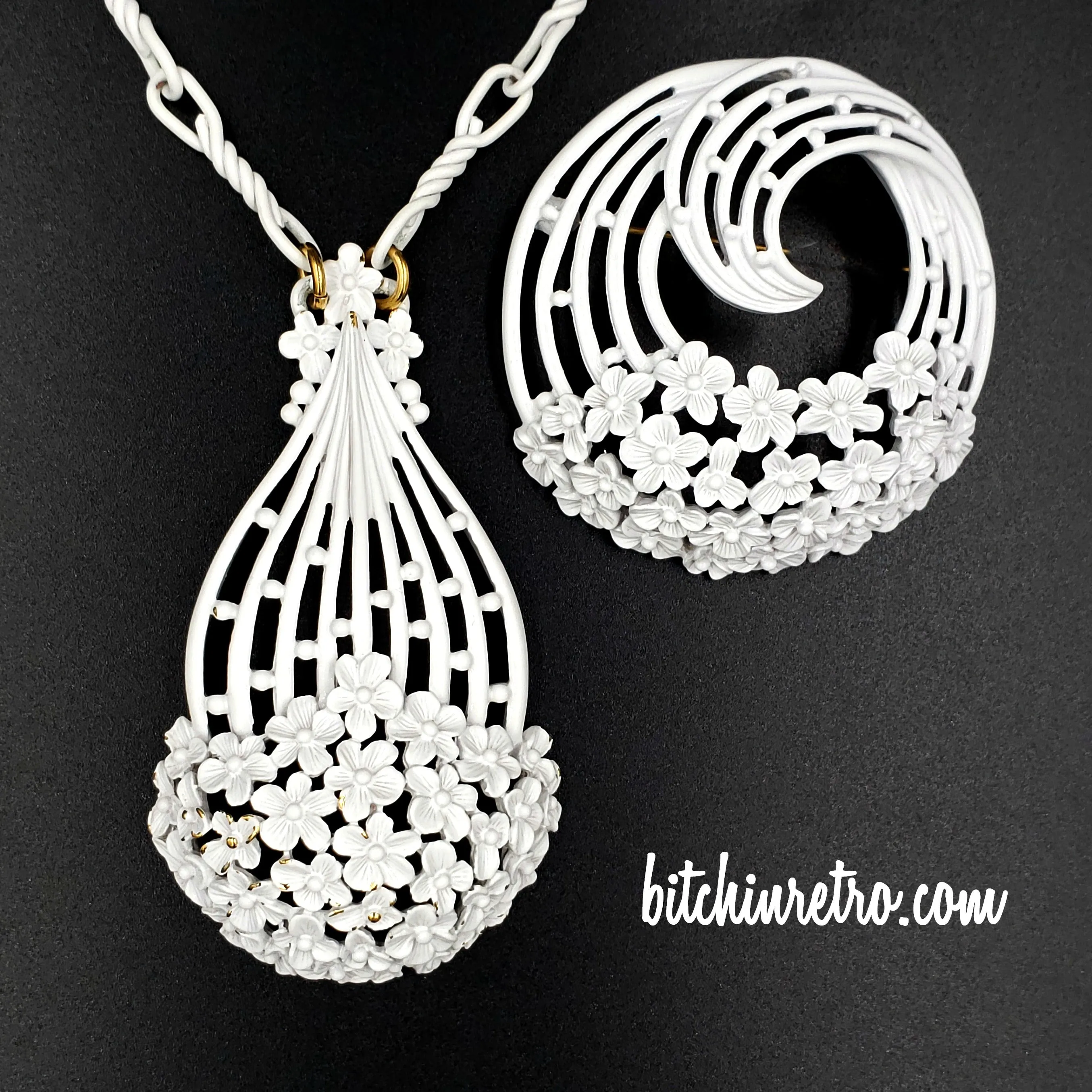 Monet White Filigree Vintage Necklace and Brooch Set