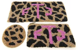 Monogrammed Beaded Cosmetic Bag & Mirror Set, Giraffe Pattern