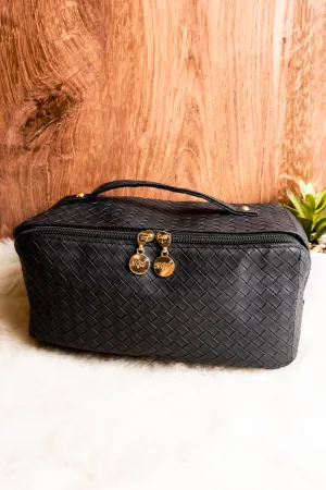 Morning Ready Woven Black Large Expandable Cosmetic Bag