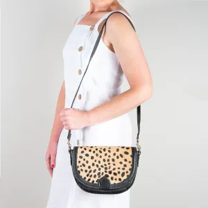 Nadira : Ladies Leather Crossbody Handbag in Black Vintage & Spotted Print