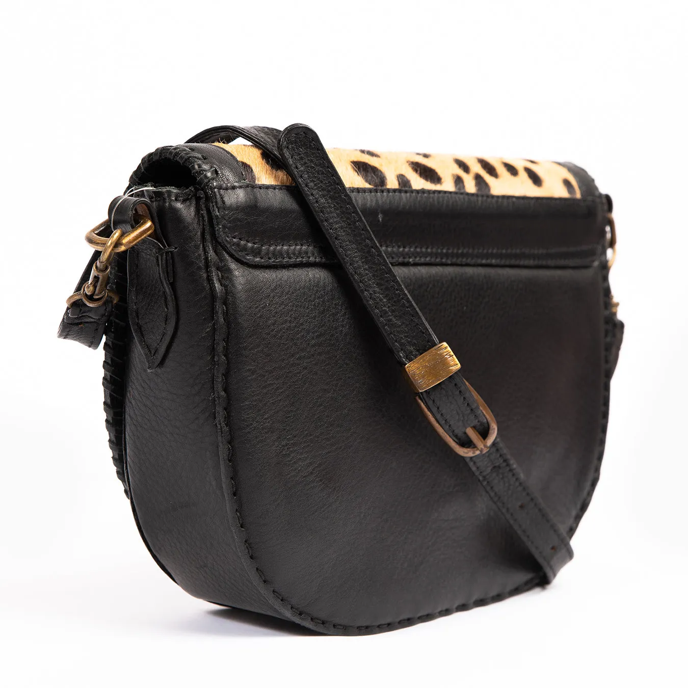 Nadira : Ladies Leather Crossbody Handbag in Black Vintage & Spotted Print