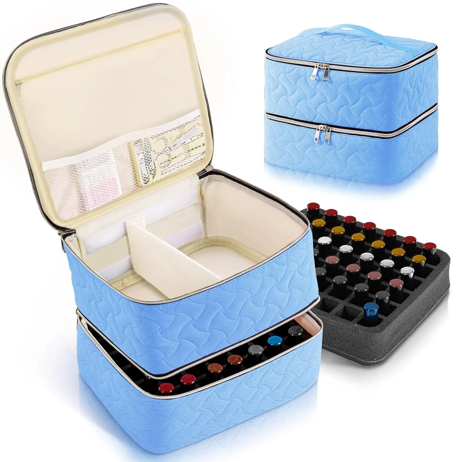 Nail Polish Organizer Case Holds 42 Bottles, Portable Double-Layer Nail Polish Storage Bag with Adjustable Dividers for Manicure Tools, Black