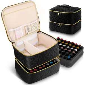 Nail Polish Organizer Case Holds 42 Bottles, Portable Double-Layer Nail Polish Storage Bag with Adjustable Dividers for Manicure Tools, Black