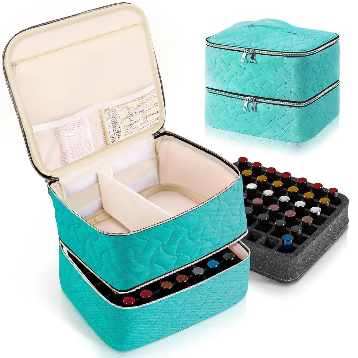 Nail Polish Organizer Case Holds 42 Bottles, Portable Double-Layer Nail Polish Storage Bag with Adjustable Dividers for Manicure Tools, Black