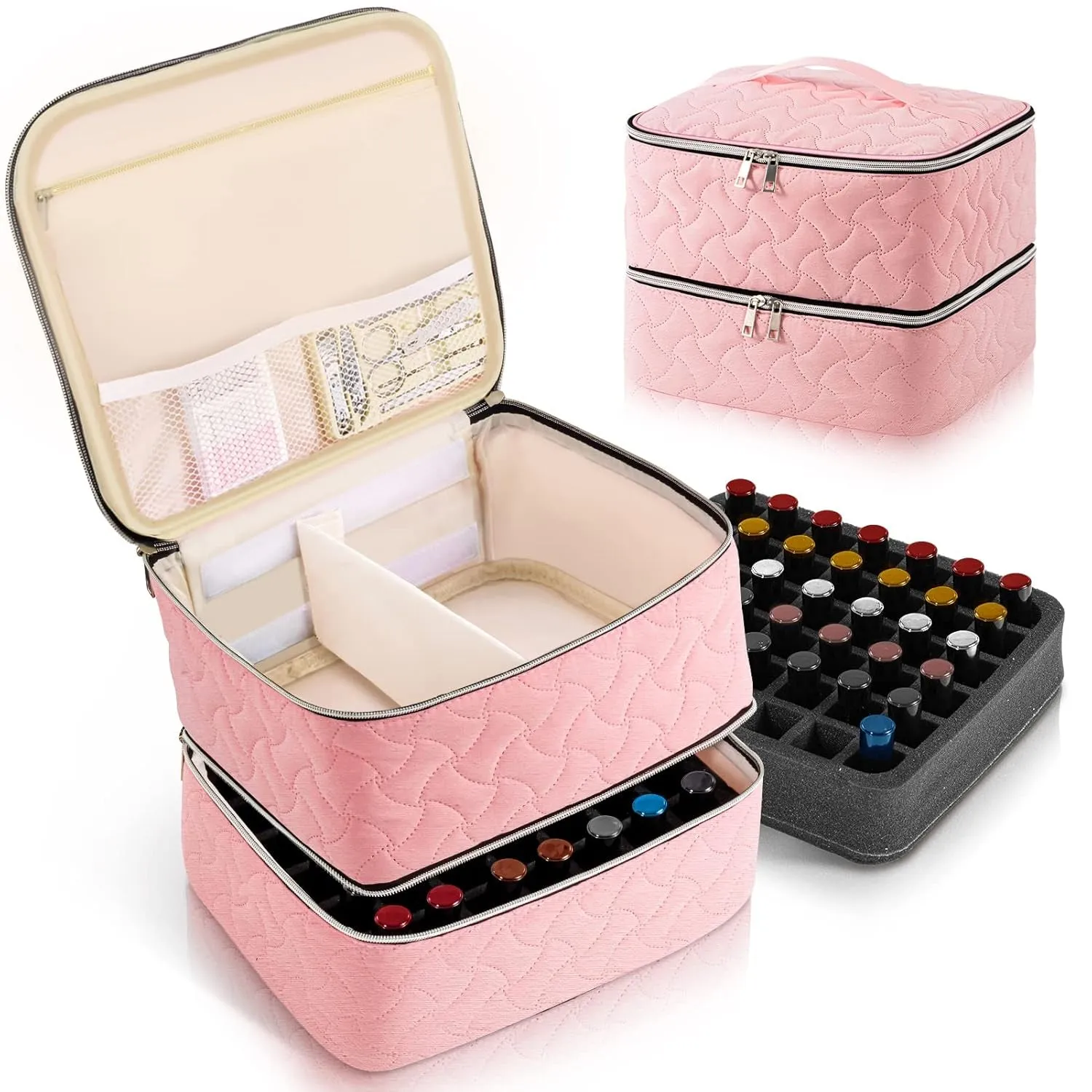 Nail Polish Organizer Case Holds 42 Bottles, Portable Double-Layer Nail Polish Storage Bag with Adjustable Dividers for Manicure Tools, Black
