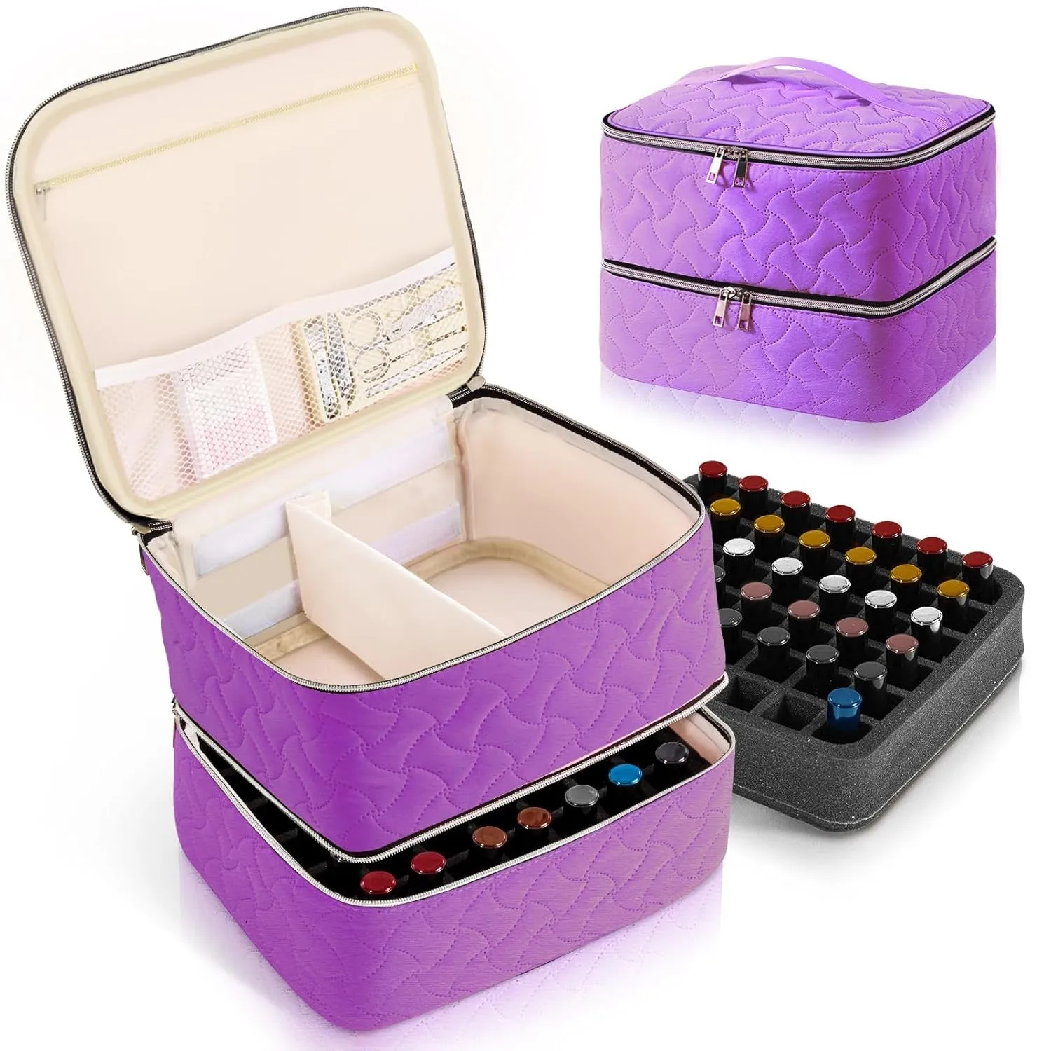 Nail Polish Organizer Case Holds 42 Bottles, Portable Double-Layer Nail Polish Storage Bag with Adjustable Dividers for Manicure Tools, Black