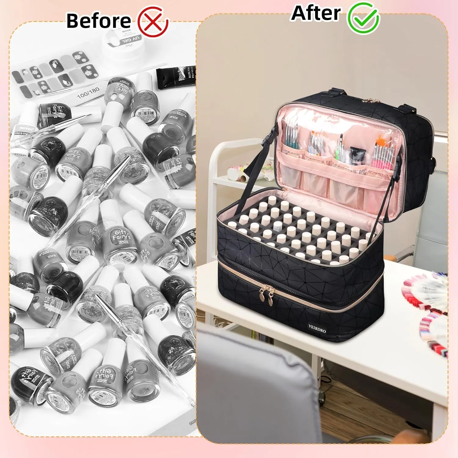Nail Polish Organizer Hold 90 Bottles (15Ml/0.5Fl.Oz)& Nail Lamp, Three Layer Nail Supplies Organizer Case with Holder& Shoulder Strap, PU Leather Nail Kit Organizers and Storage Bag (Black)